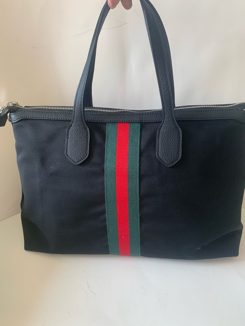 Black Tote Bag with Green and Red Stripe  Handbag 15X9